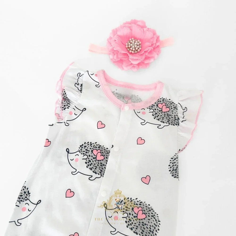 NWT Cute Girls One-piece Romper Bubble Ruffled Hedgehog & Pink Hearts 6-9M
